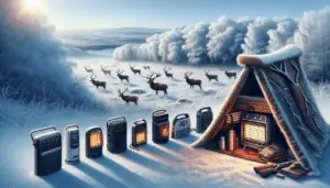 Illustrate a collection of portable heaters lined up, of diverse shapes and sizes, placed on a snowy ground with an emphasis on their portability for rugged terrains. The foreground shows a hunting blind made from natural materials, partially covered in fresh snow, left open to showcase its inside warmth from one of the heaters. The backdrop unfurls a serene winter landscape with frosted trees and a group of distant deer peacefully grazing, oblivious to the human presence. The image has no text, logos or people; it simply highlights the tranquil solitude of winter deer hunting.