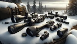 An assortment of high-quality long-range scopes laid on snow-coated timber in a winter landscape. These unbranded scopes display design features conducive to cold and snowy conditions, such as rubberized control knobs and frost-resistant lens protective elements. The scene is bathed in the gentle light of an overcast winter sun. The scopes vary in design and size, showing options suitable for different needs and preferences. Some have larger adjustable zoom rings for easy control, while others boast larger objective lenses to gather more light in dim winter conditions. No brands or logos are visible on these scopes.