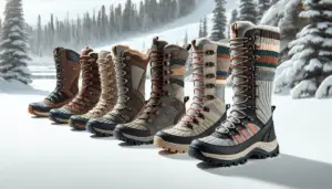 An array of five pairs of women's winter hunting boots, each unique in design, color and style, demonstrating the top picks for comfort and performance in 2024. The boots show no brands or text, and the picture focuses solely on highlighting their features such as the sole's grip, insulation, and waterproofing. They are arranged in an attractive display on a snowy landscape. These boots also feature differing heights, ranging from ankle to knee length, showcasing a range of options for different environments and preferences.