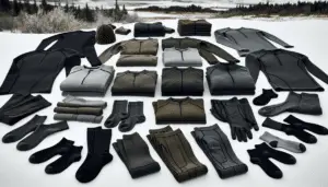 A variety of hunting base layer pieces displayed in a winter setting. The collection includes long-sleeved shirts, thermal leggings, socks, and gloves, all in neutral colors such as black, olive green, and grey. The items appear lightweight, suggesting warmth without bulkiness. They are neatly arranged against a snowy landscape, suggesting their intended use for winter hunting. There are no visible labels or brand indicators on any of the items, and no people are present in the scene.