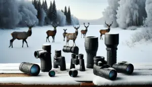 An array of top-class thermal monocular devices appears strategically placed on a snow-covered wooden table in a forest during a chilly winter. Tall, elegant deer roam in the distant frosty landscape under the clean, white winter sky. The monoculars differ in shapes and designs, helping observers see distinctly even in extreme cold. Some monoculars stand upright, some lying on their sides showcasing their features without any visible brand logos or markings. One of the monoculars is in the foreground, appearing focused and detailed, with its lens directed towards the deer.