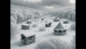 A winter landscape with a fresh layer of white snow falling gently from the sky, blanketing the ground beneath. Different variations of hunting blinds are discreetly nestled within the terrain, nearly indistinguishable from their surroundings due to their snow-camouflaged coloring. Some are tent-style structures made of waterproof and wind-resistant material, others resemble small cabins built from tree branches, all are optimized for coping with cold weather conditions. A canopy of grey clouds overhead indicates more snowfall to come.