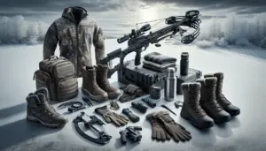 A collection of winter hunting gear meant for the year 2024, meticulously laid out without any visible humans in the scene. Gear includes essentials such as a high-tech crossbow, all-terrain boots designed for snowy conditions, thermal camouflage clothing, insulated gloves, a thermos, and portable tent. Emphasize the winter theme by featuring a backdrop of a frosty landscape with a pale winter sun peeking through the clouds. All gear items are generic with no specific brand names or logos visible, and there's an absence of text on any items or within the image itself.