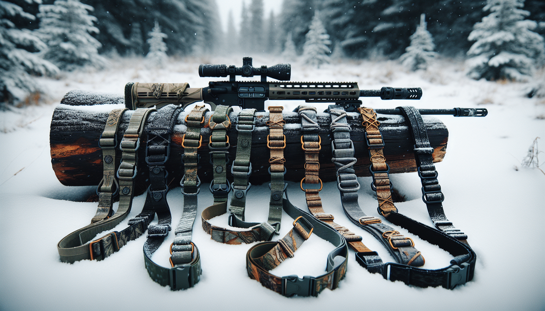 An assortment of high-quality hunting slings suitable for deer hunting during winter. These slings, displayed against a snowy woodland backdrop, have various designs particularly suited for different conditions. They are made of durable materials, capable of withstanding harsh weather. Each sling is attached to a generic unbranded hunting rifle to demonstrate their functionality. Due to user request, the image does not contain any human presence, text, or brand logos.