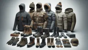 A carefully curated selection of generic winter hunting gear arranged, illustrating its waterproof capabilities. This includes items such as a tough outdoor jacket with prominent moisture-wicking properties, a pair of thermally insulated, waterproof hunting boots, a sturdy hunting hat with water-resistant features, and a collection of gloves and socks designed to resist water penetration and maintain warmth. All the pieces are specifically prepared for winter hunting, exhibiting an array of different colors suited for camouflaging in snowy environments. The image contains no people or brand names.