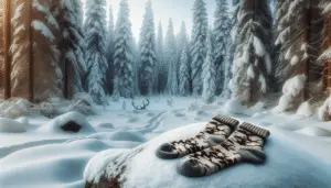 A scene of a beautiful, crisp winter forest. Soft, clean white snow is covering everything, from the tall and overpowering pine trees, to the small, understated forest floor. Deer tracks are slightly imprinted into the snow. In the middle of this landscape, a pair of cozy heated socks are glowing with warmth in the cold scenery. They are designed in a camouflage pattern to blend in with the winter woods for hunting. No brand indications or humans are present, this is a showcase of the socks primarily, laying on a rock topped with a thin layer of fresh snow.