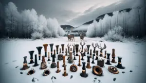 An array of deer calls arranged aesthetically against a winter backdrop. The deer calls vary in size and design, yet they all have an aura of effectiveness about them. The thick layer of white snow on the ground and the bare trees covered with frost in the background evoke the freezing conditions. There are footprints of deer in the snow around the calls, silently testifying to their effectiveness, with an impressive buck standing in the distance, looking inquisitively towards the calls. The sky is grey and heavy with winter clouds.