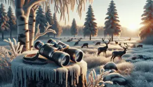 A frosty forest scene with a snow-covered landscape during a winter sunrise in 2024. There are silhouettes of deer comfortably grazing on sparse vegetation beneath snow-covered trees. In the foreground, a pair of high-quality binoculars, carefully designed for winter conditions, rest on a tree stump. The binoculars appear intricate, with adjustable zoom and focus knobs. The glass lenses have a unique coating that minimizes glare from the low-angled winter sun. Prominent features such as straps, rubberized grips, and flip-down lens protectors further enhance the binocular design, allowing for improved comfortable use in cold weather. There are no brand names, logos, text, or people in the illustration.