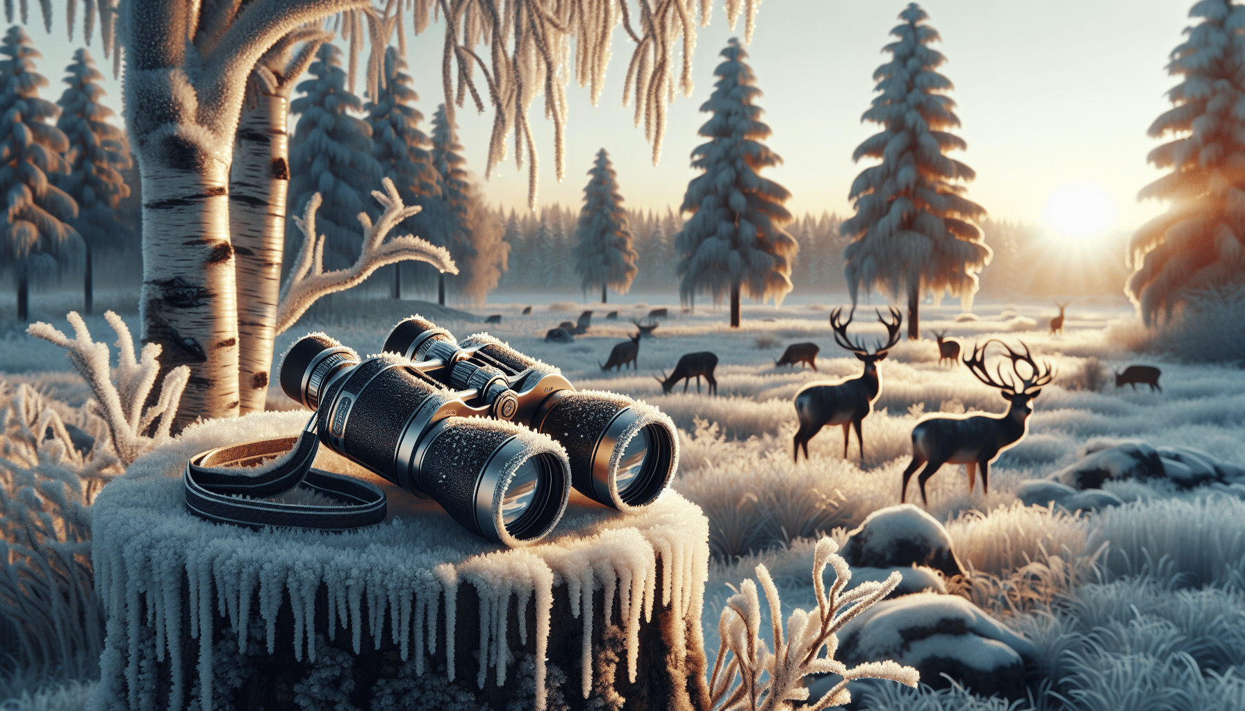 A frosty forest scene with a snow-covered landscape during a winter sunrise in 2024. There are silhouettes of deer comfortably grazing on sparse vegetation beneath snow-covered trees. In the foreground, a pair of high-quality binoculars, carefully designed for winter conditions, rest on a tree stump. The binoculars appear intricate, with adjustable zoom and focus knobs. The glass lenses have a unique coating that minimizes glare from the low-angled winter sun. Prominent features such as straps, rubberized grips, and flip-down lens protectors further enhance the binocular design, allowing for improved comfortable use in cold weather. There are no brand names, logos, text, or people in the illustration.