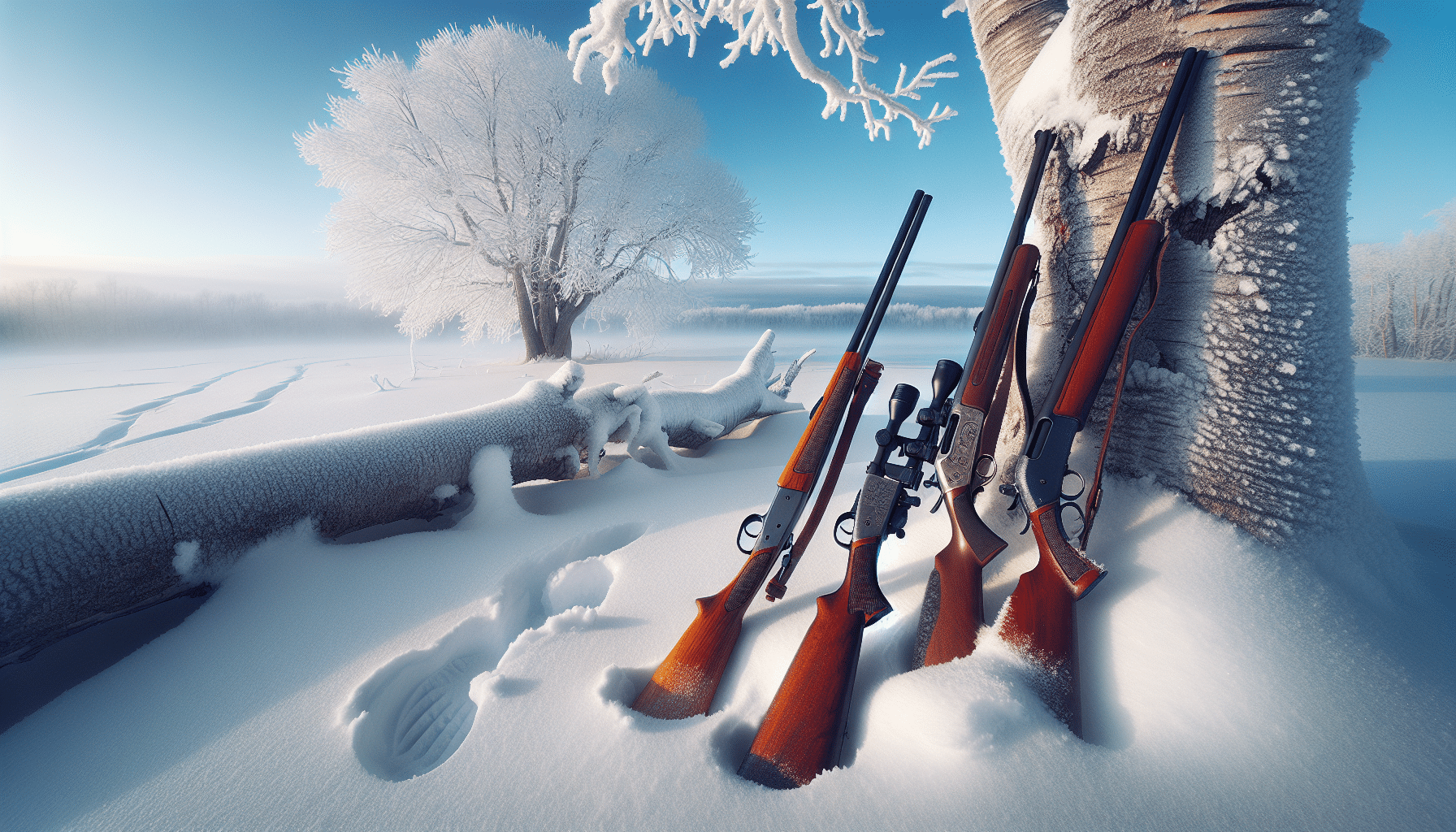 Definitely capture the essence of a winter hunting scene, featuring three different muzzleloaders resting against a snowy tree trunk. The muzzleloaders must be denoted by generic descriptions, differentiating each by their unique structure and design, while avoiding any explicit branding. With a view-angled upwards, let the bare winter trees against the clear, light blue sky form the scenic backdrop. Frosty, untouched snow carpets the ground, with snowy prints hinting at a deer's recent passage. No human presence is visible, only the cold accuracy of the environment organized for a hunting expedition. Remember, no text or brand signs must appear in this image.