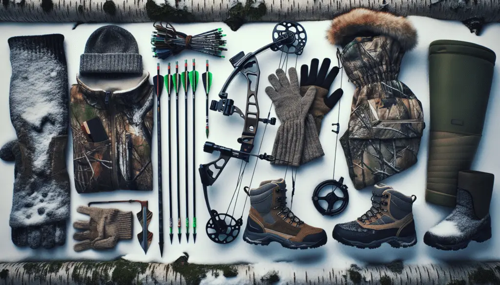 An assortment of gear laid out, essential for cold-weather archery in a winter environment. Picture a state-of-the-art bow, arrows with broadheads alongside, and a quiver to hold them. Imagine a pair of insulated gloves on the side designed for precise handling, a camouflaged cold-weather hunting suit for stealth and warmth, insulated boots built for quiet maneuverability in snow, and a beanie to ensure head warmth. The image does not contain any text, people, brand names, or logos, with the focus purely on the equipment against a snowy forest backdrop.