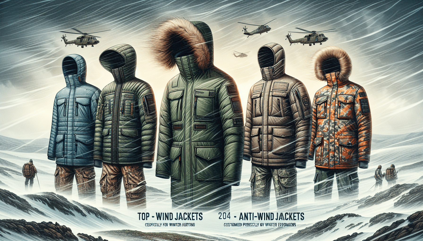 An image denoting a collection of top five anti-wind jackets, specifically designed for winter hunting in 2024. They are situated against a backdrop of a windy and snowy landscape to denote their function. Each jacket varies in its design, differing in color, material, and structure. One jacket is a heavy-duty parka with a lined hood, another is a sleek water-resistant shell, the third one is an insulated bomber-style, the forth features a camouflage pattern customized precisely for winter environments, and the final one offers a heated inner layer for extra warmth. No individual people, text, brand names, or logos are present in the image.