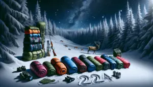 A visually stunning representation of several winter sleeping bags laid out in a snow-covered forest scene under a starlit night sky. The sleeping bags are visible as if ready for an overnight adventure. The bags come in various vibrant colors but no text or brand names are evident on them. Adjacent to the bags, there's a pair of binoculars, a hunting bow without any brand names and a thermos that indicates warmth. An occasional deer should be visible in the distance illustrating the context. The year '2024' subtly inscribed on a patch of snow, as if footsteps have left those impressions.