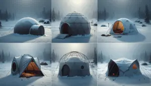 An image of five different portable hunting shelters set up in a snowy winter landscape. Each shelter is unique, varying in shape, size, and design. The first is a compact, dome-style shelter, built for quick assembly. The second is larger, resembling a traditional tent but fortified for winter conditions. The third is a teepee-style shelter, designed for heat retention. The fourth is a tunnel-style shelter, built for wind resistance. The last is a cabin-style shelter, designed for long-term stays. The scene is set during the day, with the gloomy winter sun peeking through the thick clouds.