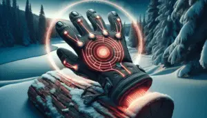 A pair of high-tech hunting gloves being highlighted and magnified by a circular, radiant glow against a backdrop of a serene and snowy winter wilderness. The gloves are showcased perhaps on a snow-covered log or stone with the functionality of the heating elements subtly indicated by a gentle red hue emanating from the interior. The materials would suggest rugged durability and insulation against the cold. Veins of intricate wiring for the heating technology can be subtly perceived under the outer layer of the gloves. Attention to details in the gloves can display features like finger-tip sensitivity for trigger and tool handling.