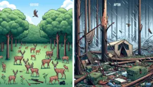 Illustrate a before and after scenario related to deer hunting during a hurricane. The first scene showcases a pristine forest with numerous deer freely roaming around under clear skies. Nestled in between the trees, note the scattered hunting equipment such as a bow, arrows, hunting blind, and deer spots showing signs of an active hunting area. The second scene portrays the same forest, now chaotic and messy due to the hurricane. Fallen trees, scattered hunting equipment, and the absence of deer accentuate the effects of the hurricane on the tranquil environment. Strictly avoid any textual content, brand names, logos, or human figures.