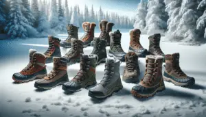 A collection of ten different styles of winter deer hunting boots arrayed haphazardly on a snow-covered ground, exhibiting warmth and stealthiness, each crafted with high-quality materials suitable for cold weather. Every boot has unique features like thick insulation, effective waterproofing, and noise-reducing soles. The boots, varying in color, span from deep forest greens to muted browns, are surrounded by a gentle snowfall. The distant background features tranquil, white, snowy forests, thus emphasizing the boots' suitability for winter hunting scenarios. The emphasis is on form and function instead of branding.