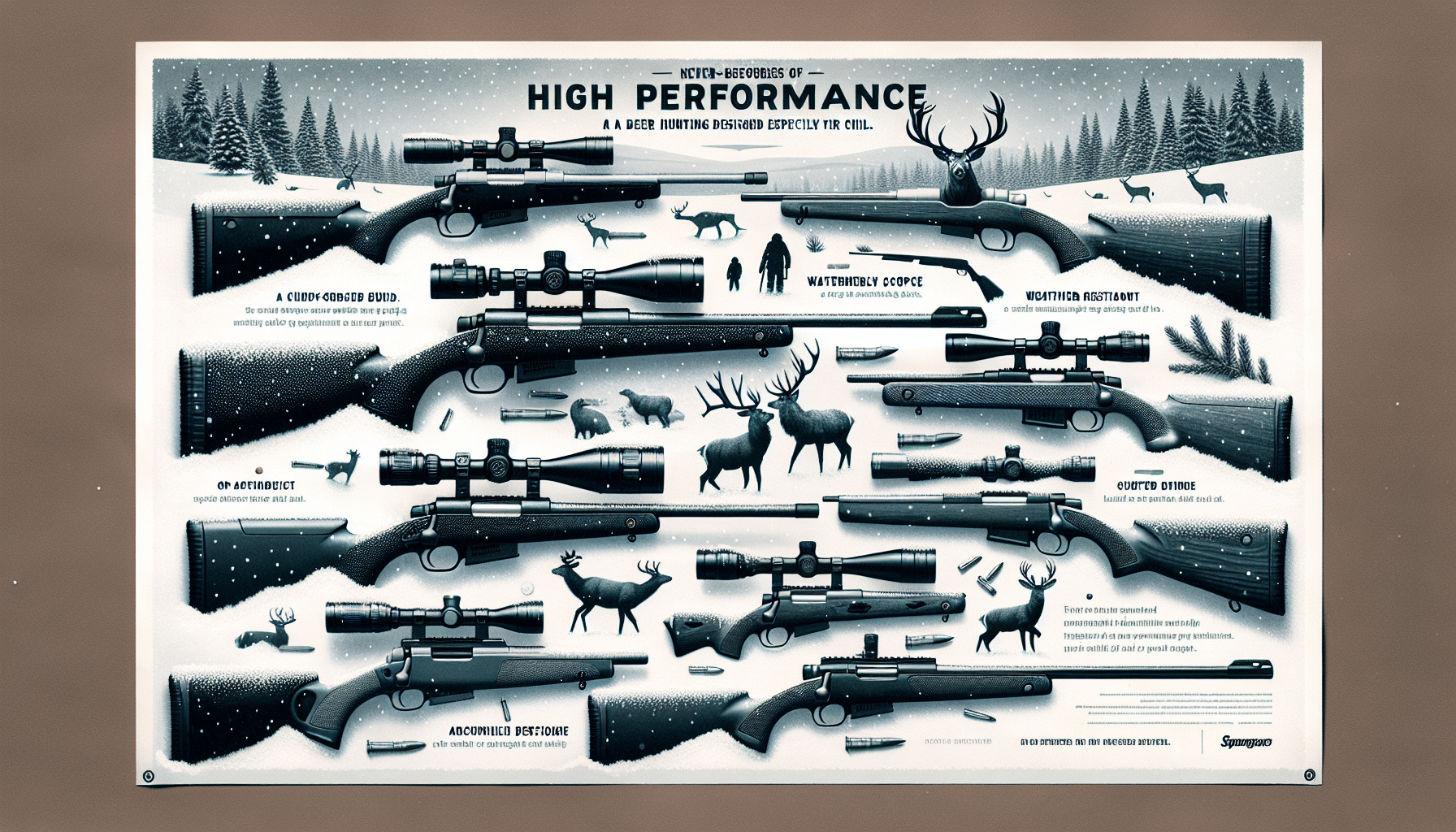 A layout depicting a range of never-before-seen models of deer hunting rifles designed especially for winter. These unbranded firearms are displayed against a snowy winter backdrop, hinting at their top performance in cold weather. Each rifle is unique, indicating different aspects of high performance: one might exhibit a sturdy build, a weather-resistant finish, another might showcase an uncommonly precise scope for accurate targeting in chill, while yet another might pose a uniquely designed stock for better grip. All representing a perfect amalgamation of aesthetics and functionality, no people are featured in the image.