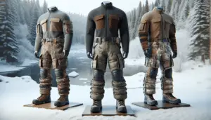 A display of three pairs of insulated hunting pants arranged in an outdoor winter setting. The pants are designed for cold weather, featuring sturdy materials, filled with insulation, and come in a range of unbranded camouflage patterns. Each pair has different design features: the first includes several secured pockets, the second has reinforced knee pads, and the third offers an adjustable waistband. They are placed on an invisible stand to maintain their shape, arranged against the backdrop of a snowy forest scene without any people present. No text or brand logos are visible in the scene.