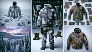 Visualize a series of distinct camouflage patterns tailored for winter hunting. The patterns are state-of-the-art, designed to blend seamlessly with snowy landscapes. Imagine different styles: one mimicking the complex geometry of ice crystals, another resembling the texture of a snow-covered pine forest, and a third infused with the colors of a twilight winter sky. These camos are draped over hunting gear such as jackets, boots and backpacks, placed strategically amid the snow, demonstrating their effectiveness in blending with the winter environment. Overall, it's a dynamic showcase of futuristic, non-branded winter camouflage designs.