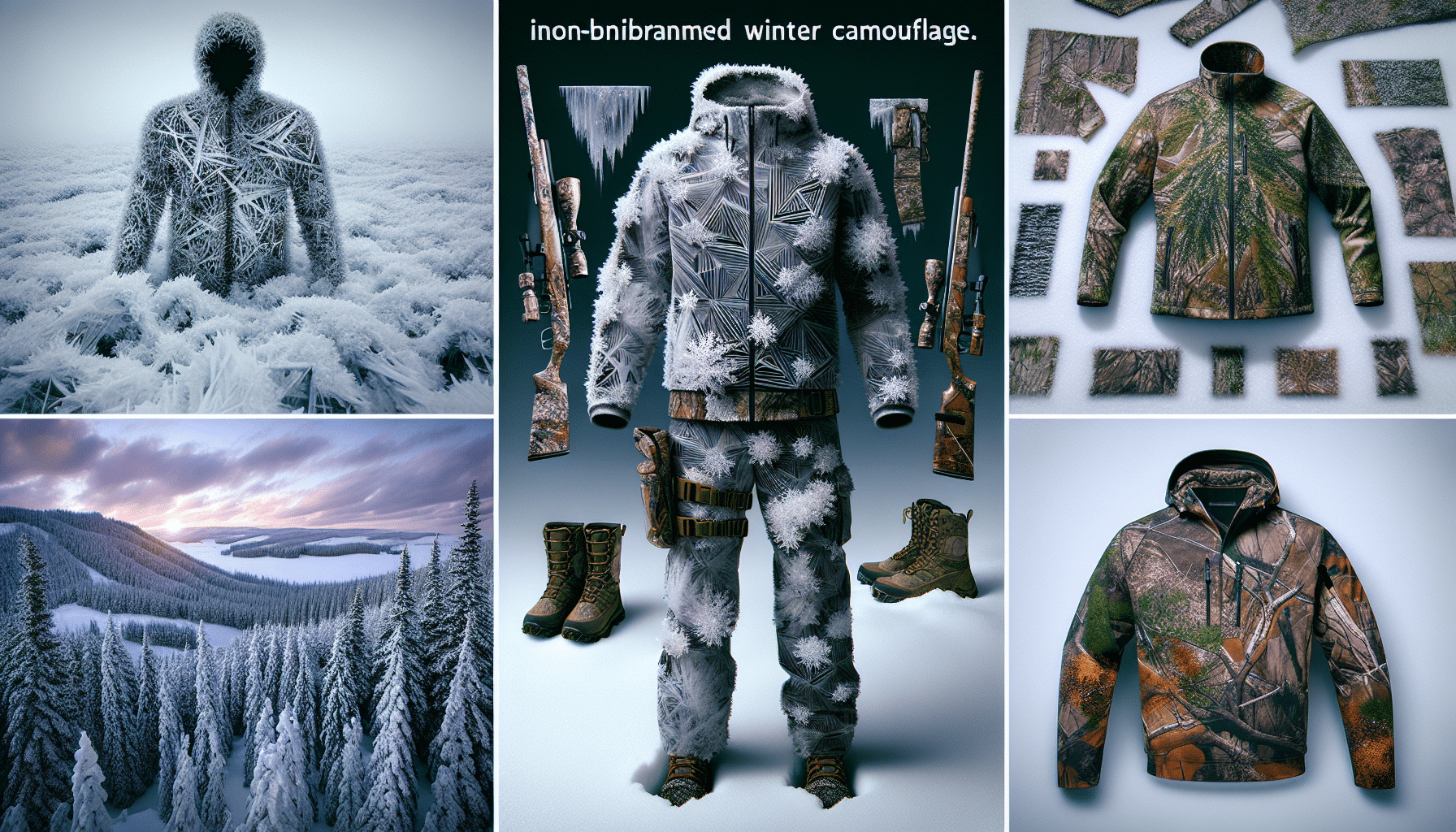 Visualize a series of distinct camouflage patterns tailored for winter hunting. The patterns are state-of-the-art, designed to blend seamlessly with snowy landscapes. Imagine different styles: one mimicking the complex geometry of ice crystals, another resembling the texture of a snow-covered pine forest, and a third infused with the colors of a twilight winter sky. These camos are draped over hunting gear such as jackets, boots and backpacks, placed strategically amid the snow, demonstrating their effectiveness in blending with the winter environment. Overall, it's a dynamic showcase of futuristic, non-branded winter camouflage designs.