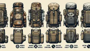 Visualise five different types of backpacks suitable for winter hunting. Each should be designed to withstand harsh winter conditions and offer protection for the hunting gear inside. All backpacks are arranged in a row, each with diverse designs and features suitable for different hunting scenarios. They should showcase features like waterproof materials, secure compartments, insulation, and rugged durability. Please exclude any human presence. Make sure there is no text or logos visible on any of the backpacks.