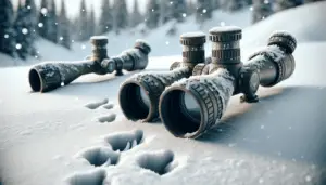 Create a detailed and comprehensive scene set in winter, featuring intricately-designed thermal scopes, used commonly for deer hunting. Display some scopes on a rough and snowy terrain, emphasizing the cold conditions. These scopes are distinct for their ability to spot game, so subtly hint at this with the presence of deer tracks in the snow nearby. The scopes should vary in size and design, demonstrating the range of available options. However, make sure there are no brand names, logos, people, or any text present.