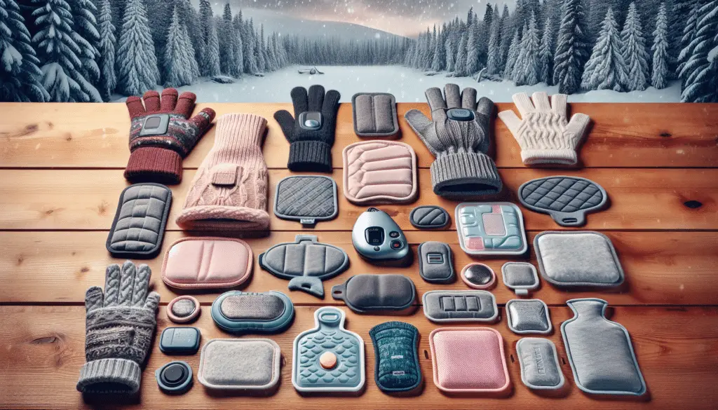 An array of ten hand warmers spread out on a snow-covered wooden table against the backdrop of a snowy forest. The hand warmers come in various shapes, sizes, and colors, each is designed differently like ones in the form of gloves, simple pads, reusable packets. Some are powered by battery or are rechargeable, while others are activated by shaking or snapping a metal disk inside them. None of them display a logo or brand name, keeping the focus solely on their design and functionality. There's no text or people included in this image.