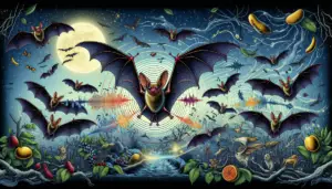 Create a detailed, text-free visual representation focused on the concept around the question 'Are bats blind', without featuring humans or any brand elements. The image should present a nocturnal setting with a careful depiction of bats using their echolocation abilities to navigate. Illustrate multiple bats with their wings spread out, emitting sound waves that bounce off various objects in the vicinity - creating a picture of their surroundings in their minds. Be sure to emphasize their large ears, a distinct feature in their navigation. Also, depict a variety of objects that the bats might encounter, such as trees, fruits, insects, and perhaps bodies of water.