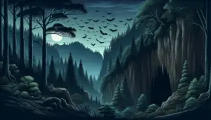 A nocturnal landscape scene showcasing the natural habitat of bats. The image showcases a dense forest with various species of tall trees, cliff sides and a cavern opening leading to a dark and mysterious cave. The moonlight shines over the scene, emphasising the silhouettes of numerous flying bats against the night sky. The atmosphere is enigmatic yet tranquil, highlighting the ecosystem Dynamics. All elements in the image are unbranded and generic.