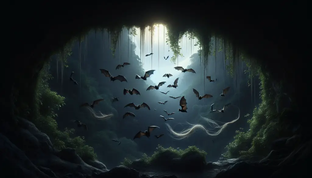 An atmospheric scene at twilight showing a cave opening framed by lush foliage. Emerging from the darkened portal, a group of bats take flight in various stages of motion, showcasing their delicate wings and sonar capabilities. Their flight paths demonstrate erratic movement, seemingly tangled but perfectly navigated. Floating nearby are strands of hair, innocently drifting with the breeze, serving as an indirect reference to the question about bats flying into hair but without involving actual human presence.