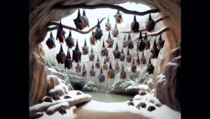 A realistic portrayal of various bats hanging upside down, perched on tree branches inside a cave. It's winter outside, snow lightly covering the entrance of the cave. Some of the bats appear to be sleeping, curled up with their wings wrapped around them, illustrating the notion of hibernation. Make sure the image provides a diverse representation of bat species. Ensure there are no people, branded items, logos or any written language in the image. The bats, cave and the winter scenery should be the main and only subjects of this image.