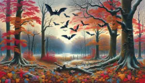 A picturesque depiction of autumn transitioning into winter. The scene is outdoors, in a tranquil woodland area. Multicolored leaves, in hues of orange, red, and brown, pepper the ground under bare trees. In the background, snowflakes are gently falling, starting to cover the landscape. Bats, distinguished by their delicate, membranous wings, are seen in flight, leaving the forest, their home, towards the warmer sky, painting a beautiful scenery of bat migration. Take note: no humans, text, or brand logos are present in this scene.