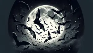 An illustration representing a grouping of bats mid-flight against the backdrop of a crescent moon in the night sky. The bats vary in sizes, creating a sense of depth as some are closer while others are distant. The atmosphere is haunting yet majestic, with stars twinkling in the dark sky around the moon. The main emphasis is on the multitude of bats, exhibiting their social behavior without human interaction or any textual, brand, or logo presence.