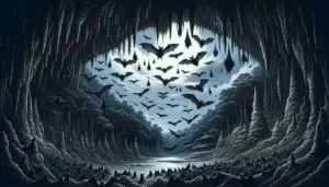 An illustration of bats in a large colony. The image focuses on a spacious, dark cave which is home to hundreds of bats hanging upside down from the cave ceiling. Their wings are folded while they're in a resting state. The cave environment contains stalagmites and stalactites, subtly illuminated by the pale moonlight filtering in through the cave entrance. The outside scenery includes treetops under an evening sky studded with stars. The intensity of the scene is heightened by the dynamic depiction of bats in flight, emphasizing the sheer numbers that live together.