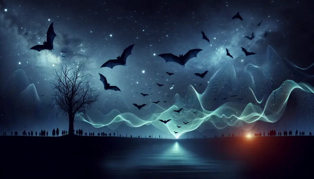 An intriguing scene displaying the complexity of bats navigating back to a commonly known roost. It captures the night sky adorned with twinkling stars. A myriad of bats is seen flying, cleverly utilizing their echolocation abilities. The image would feature the bats emitting sound waves, depicted with gentle, abstract graphics across a dark landscape. In the distance, the bats' usual roost, portrayed as a spacious, silhouette of a tree or cave, awaits their return. However, no humans, text, brand names, or logos will be present within the scene.