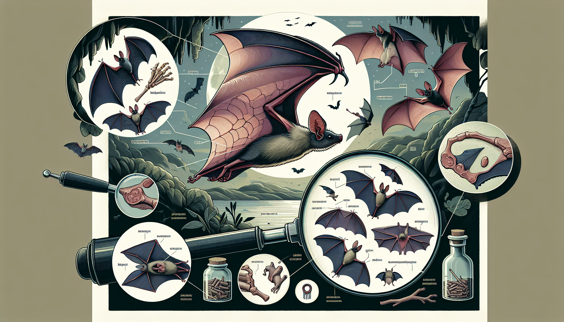 An engaging scientific illustration showing a group of bats in flight. Each bat is viewed from different angles, highlighting various physical features. One bat is particularly focused, visually dissected into various parts including its ears, wings and tail. A magnifying glass hovers over the tail section of the bat, indicating some crucial details. Use subtle, natural colors to depict the scene. The background contains elements of their natural habitat such as caves and moonlit skies. Remember to create the image without any textual content, human figures, brand names or logos.