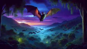 An appealing, colorful, and detailed natural scene at dusk showcasing the beauty of bats. A group of bats is seen flying over a dense, verdant forest, under a purplish twilight sky. The focus is on one bat prominently in the foreground, wings fully extended in flight, it is eye-catching because it has unusually large, captivating eyes; eyes that are glowing in the twilight. The environment is free from any human intervention and also absent of any text or brand logos. This setting beautifully contrasts the misconceptions about bats, highlighting the incredible features they possess.