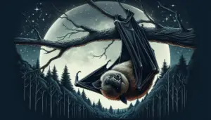 A digitally illustrated, semi-realistic, wilderness night scene. The image features a closeup of a bat hanging upside down from a tree branch, and is skillfully rendered to show its teeth in detail - the primary element hinting at the biting potential. However, the backdrop composed of moonlit trees and a cloudless starlit sky provides a serene contrast to focus on the natural habitat of bats. No people, brand names, logos, or text of any kind are present in the scene.