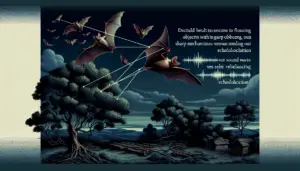 A detailed scene showing nature at night where bats are flying overhead. The bats are using two distinct mechanisms to navigate - some are focusing on objects with their sharp eyes, while others are seen sending out sound waves, signifying echolocation. The surroundings are suggestive of a nocturnal landscape without the use of text or human presence. No logos or brand names should be present. The elements in the image should reinforce the silent question of bat vision versus reliance on echolocation.