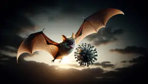 A dramatic, detailed close-up of a bat in flight at dusk, its small teeth slightly bared but not biting or aggressive, its furry body elegantly captured in mid-wing flap. Towards the background, a rabies virus microorganism, enlarged and stylized for visibility, is depicted floatily and innocuously among the dusk sky, not directly interacting with the bat. The mood is calm and realistic, with no brands or human presence.