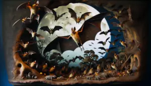 An intriguing scene showing a medley of bats in a naturalistic night setting with a moon providing the only light source in the background. The picture brings into focus a bat in the foreground that is shown to fly, its wings beautifully spread. Although there are no humans in this picture adding to its surreal quality, it emphasises the observer's perspective of bats being potentially dangerous through their size, positioning, and by accentuating certain features like their claws and teeth. Interesting elements such as trees, small insects and cave like structures add to the effect.