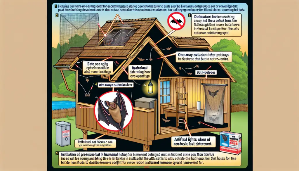 A detailed diagram of an attic showing various safe and humane ways to deter bats. Highlight wire netting placed over openings, the installation of a one-way exclusion door for bats to exit but not re-enter, and artificial lights installed in the attic to disturb the bats' natural nocturnal habits. In addition, depicting the use of a professional bat cone, and a box of non-toxic bat deterrent, showing just the generic shapes of these items since brand names are not wished for. Display also bat houses installed in trees outside the home to provide an alternative roosting spot for the bats.