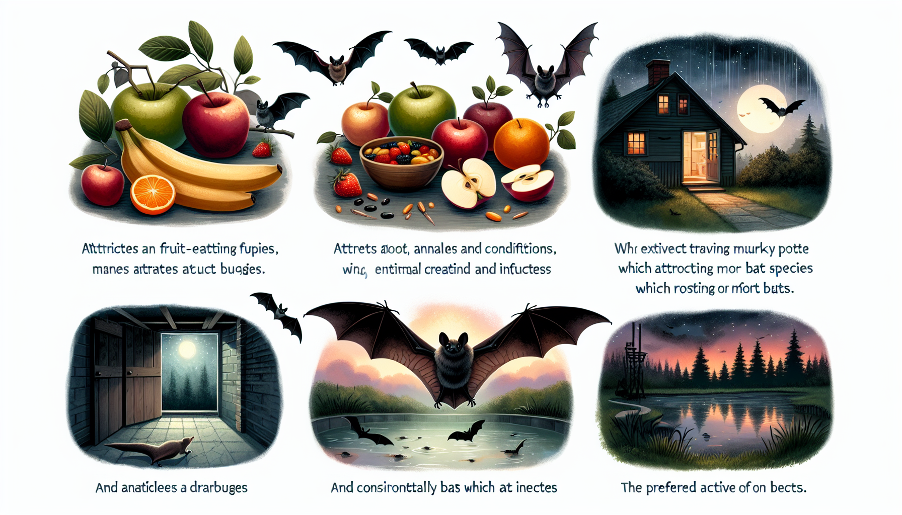 An image illustrating items and conditions that bats find attractive. On one side of the picture, there's a variety of fruits such as apples, bananas, and oranges arranged on a table indicating the fruit-eating bat species. On another side, we can see a serene murky pond which attracts bugs, and consequently bat species which eat insects. Close by, there's a dark attic entryway with crevices and cracks, typical roosting places for bats. The sky above has a dim glow of twilight, the preferred active time for most bats. There's no presence of humans, text, brand names or logos.