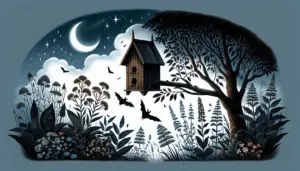 An illustration of a serene night time scene, a wooden bat house perched high on a tree, a crescent moon peeking from the clouds. Vegetation underneath comprise of flowering wildflowers, an array of night blooming plants releasing their scents into the evening air. Silhouettes of bats flying towards the accommodating structure, intrigued by the inviting scent and of course, a feast of insects thoughtfully provided by nature.