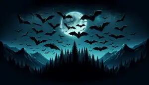 A dark, eerie backdrop showcasing a colony of bats soaring in the moonlit sky. They are flying in various directions demonstrating their unpredictable flight patterns, which adds to their mysterious character. Their beady eyes glisten in the moonlight, creating an effect of curiosity without aggression. Below them, a dense forest provides a contrast, with the trees standing tall and silent, absorbing the creatures' high-pitched calls. There are no human figures or text within this vivid, night-time portrayal. Neutrality is key in this image, calming concerns for human threat.