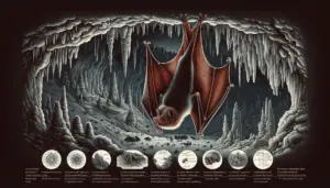 An illustration showing a lively, detailed, and scientifically accurate depiction of a vampire bat in its natural habitat – a dark cave. The bat is seen hanging upside down from the roof of the cave, with its wings folded around its body. The environment around the bat should be realistic, displaying various identifiable characteristics of a cave ecosystem, such as stalactites and stalagmites, but no text labels or indications. There are no people or any brands or logos in the image.