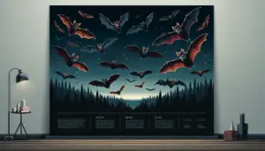 A pictorial representation of a nocturnal environment showcasing a variety of bats mid-flight, their mouths open as if making noise. The bats are various species, displaying an array of shapes, sizes, and colors. They are depicted against the starlit sky, with a silhouetted forest as the backdrop. The surrounding environment is quiet, emphasizing the noises made by the bats. There are no humans, text, brand names, or logos present.