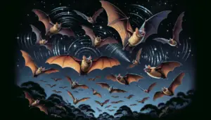 An array of common brown bats in mid-flight during the night, dotted against a sky filled with twinkling stars. A few bats have their wings fully spread as they soar through the dark night, while others navigate around trees. Show their mouths open as if they are making sounds. Add sonar waves emanating from a bat to illustrate echolocation. Ensure there is no presence of people, text, brand names or logos in the image.