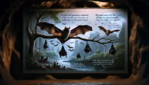 A pictorial depiction centered around bats without any visible text, brand names, or human presence. The main focus is on the bats hanging from a tree in a dark cave. To illustrate the life cycle of bats, show scenes that subtly depict both, bats laying small, hairless pups (live young ones), as well as bats tending to them. Use natural colors and textures to convey a moonlit, eerie but captivating environment, and ensure bats are the key focus with significant detail.